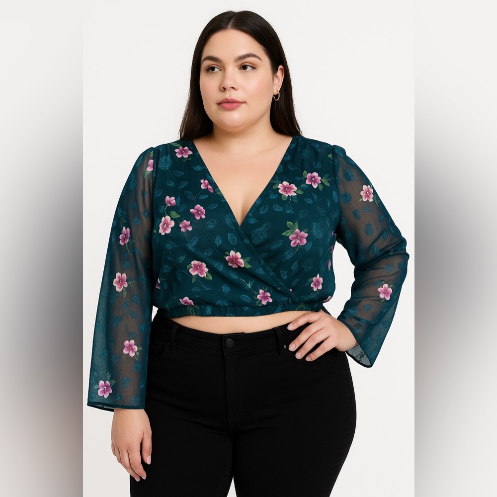 Mi Ami Long sleeve Semi Sheer Floral Wrap Crop Top Teal Size X-large
